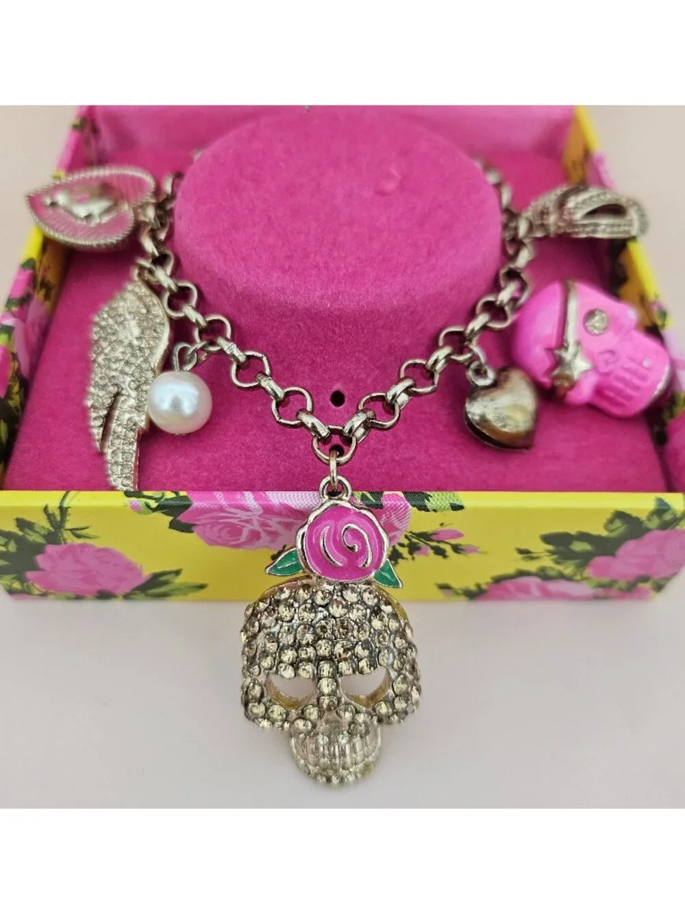 Betsey Johnson Crystal Skull Charm Bracelet Pink Rose Wing Heart w Box